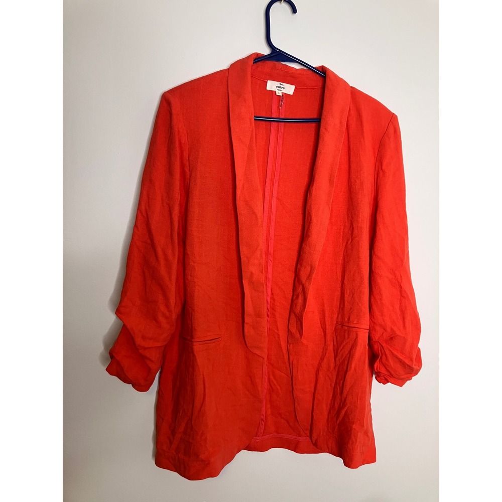 Entro Blazer Womens L Orange Red Excellent Ruched 3/4 Sleeve Linen Blend J13752